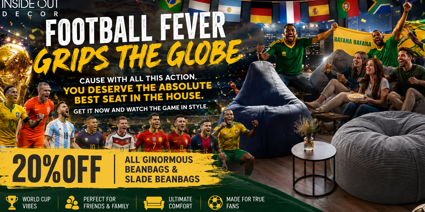 Advertisement for beanbags with people watching a football match, featuring various national flags.